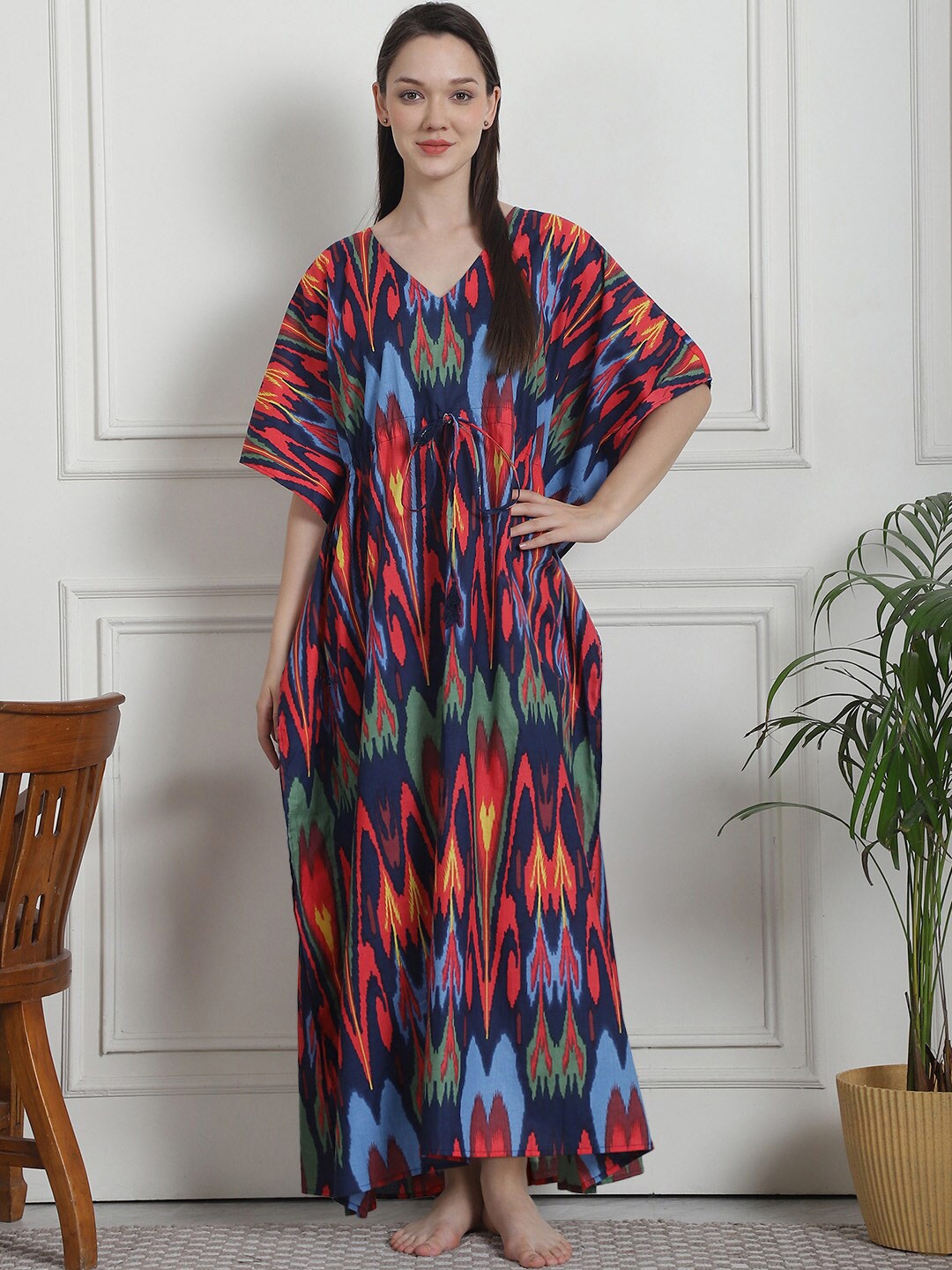 

Secret Wish Printed V-Neck Pure Cotton Maxi Kaftan Nightdress, Blue