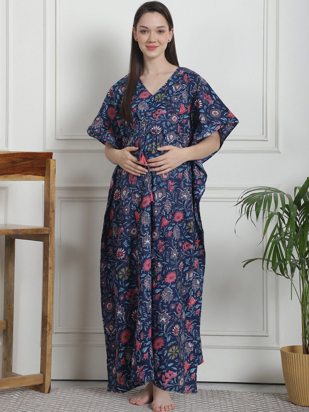 

Secret Wish Printed V-Neck Pure Cotton Maxi Maternity Nightdress, Blue