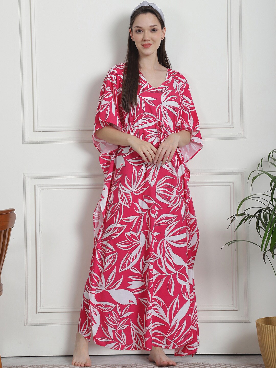 

Secret Wish Printed V-Neck Maxi Kaftan Nightdress, Pink