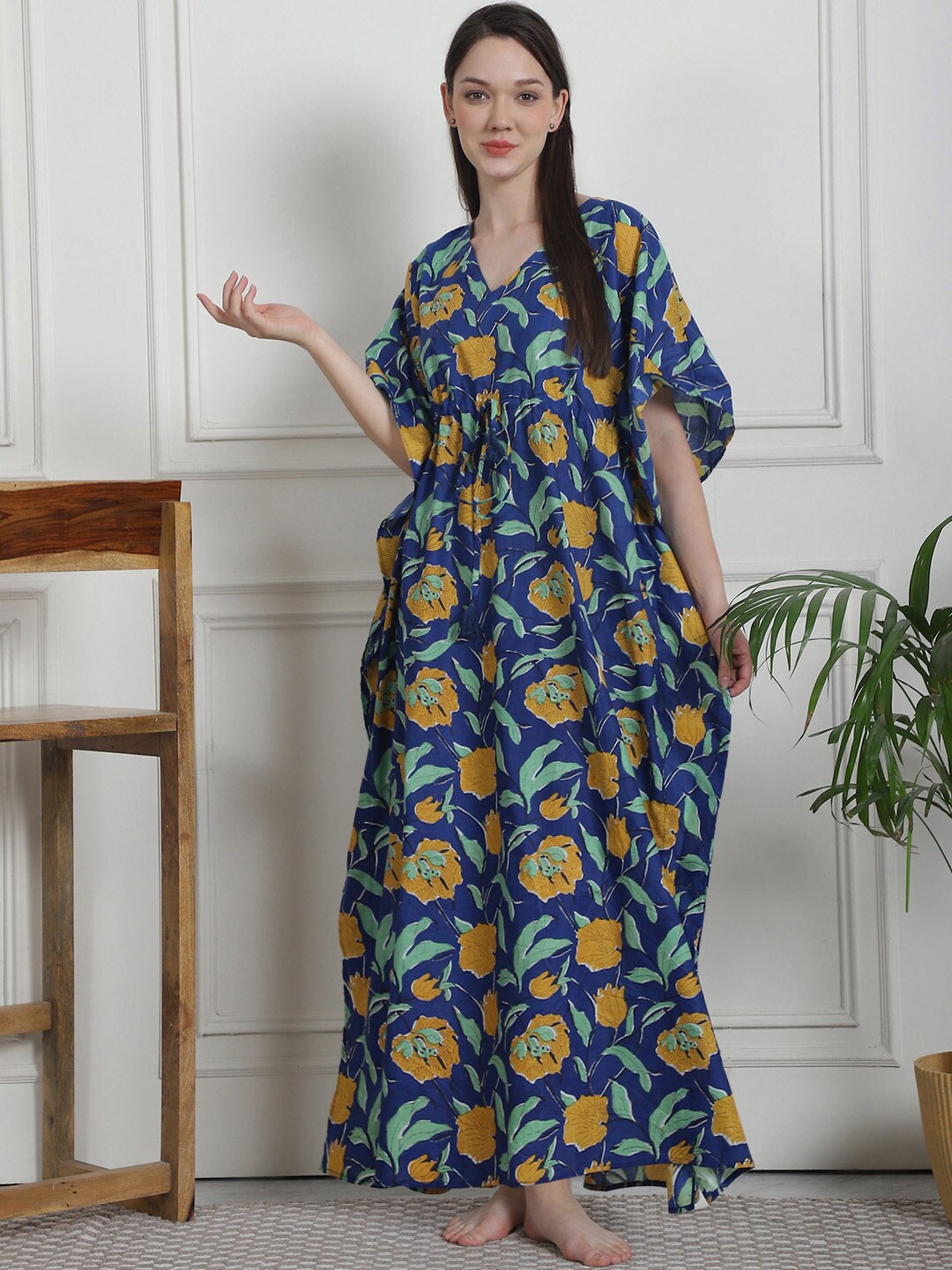

Secret Wish Printed V-Neck Pure Cotton Maxi Kaftan Nightdress, Blue