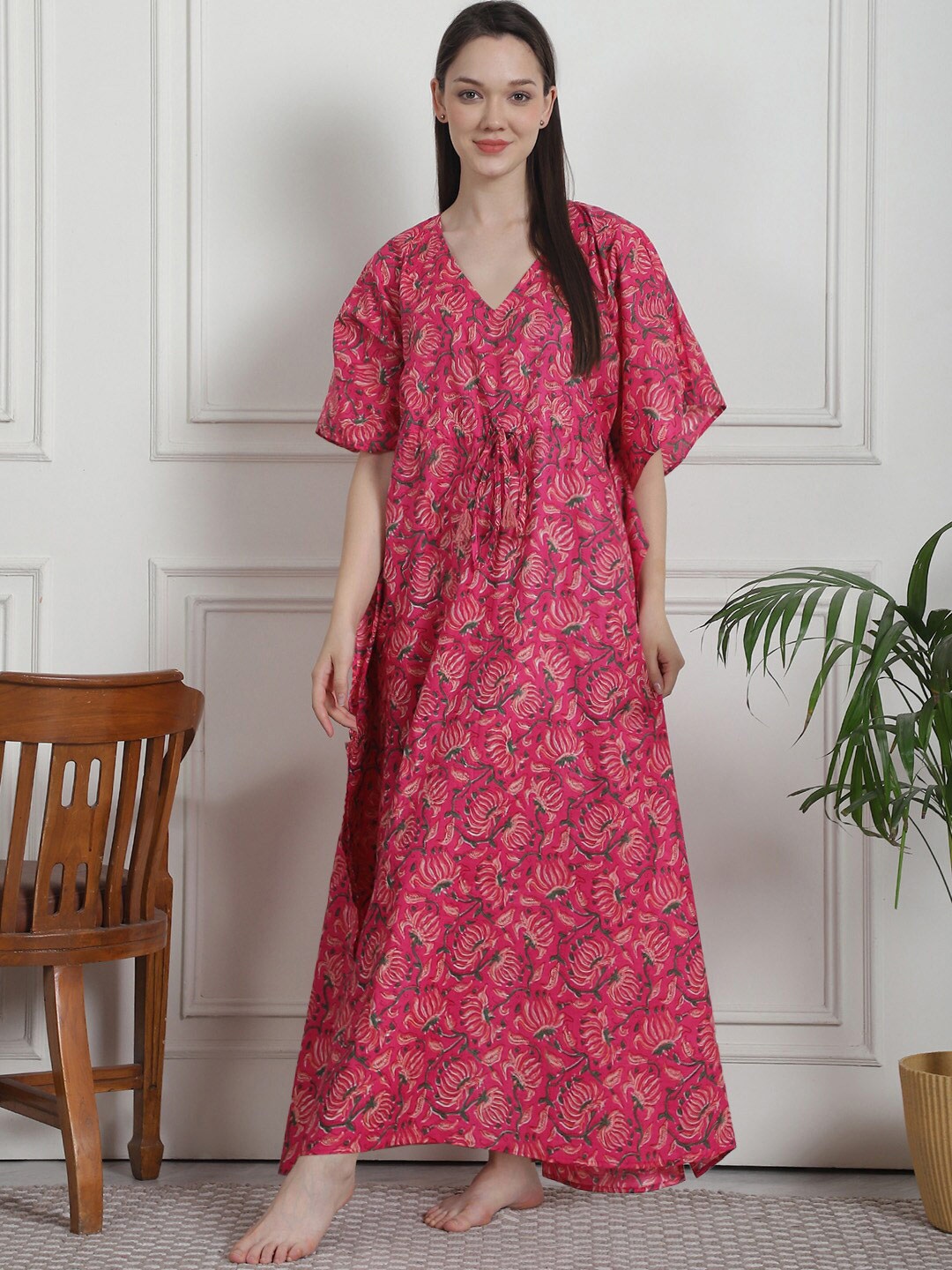 

Secret Wish Printed V-Neck Pure Cotton Maxi Kaftan Nightdress, Pink