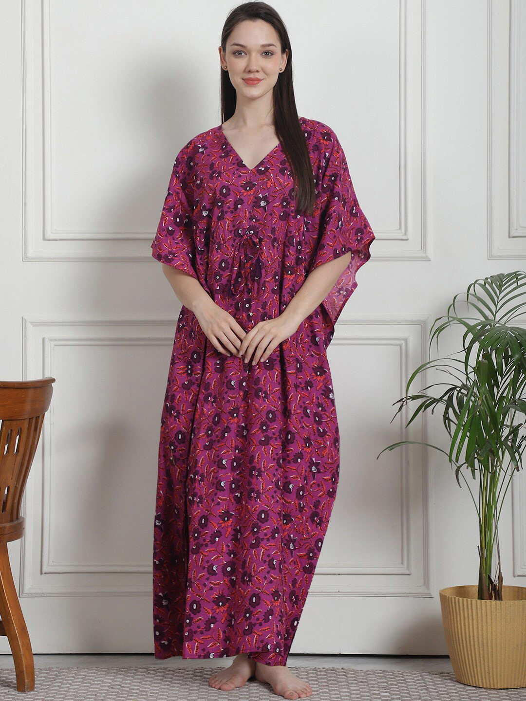 

Secret Wish Printed V-Neck Pure Cotton Maxi Kaftan Nightdress, Purple