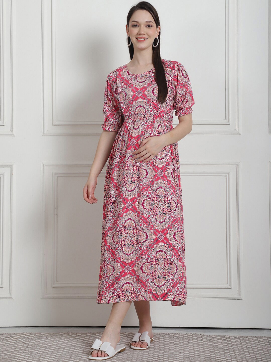 

Secret Wish Geometric Printed Midi Maternity Nightdress, Pink