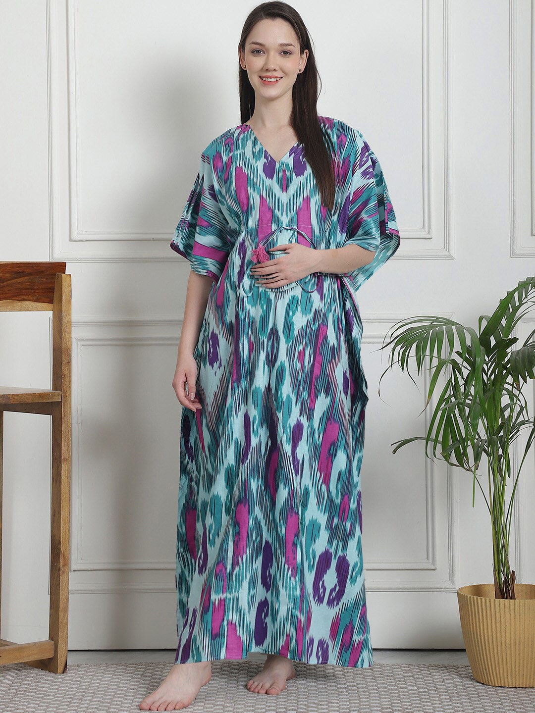 

Secret Wish Abstract Printed V-Neck Pure Cotton Maxi Kaftan Nightdress, Sea green