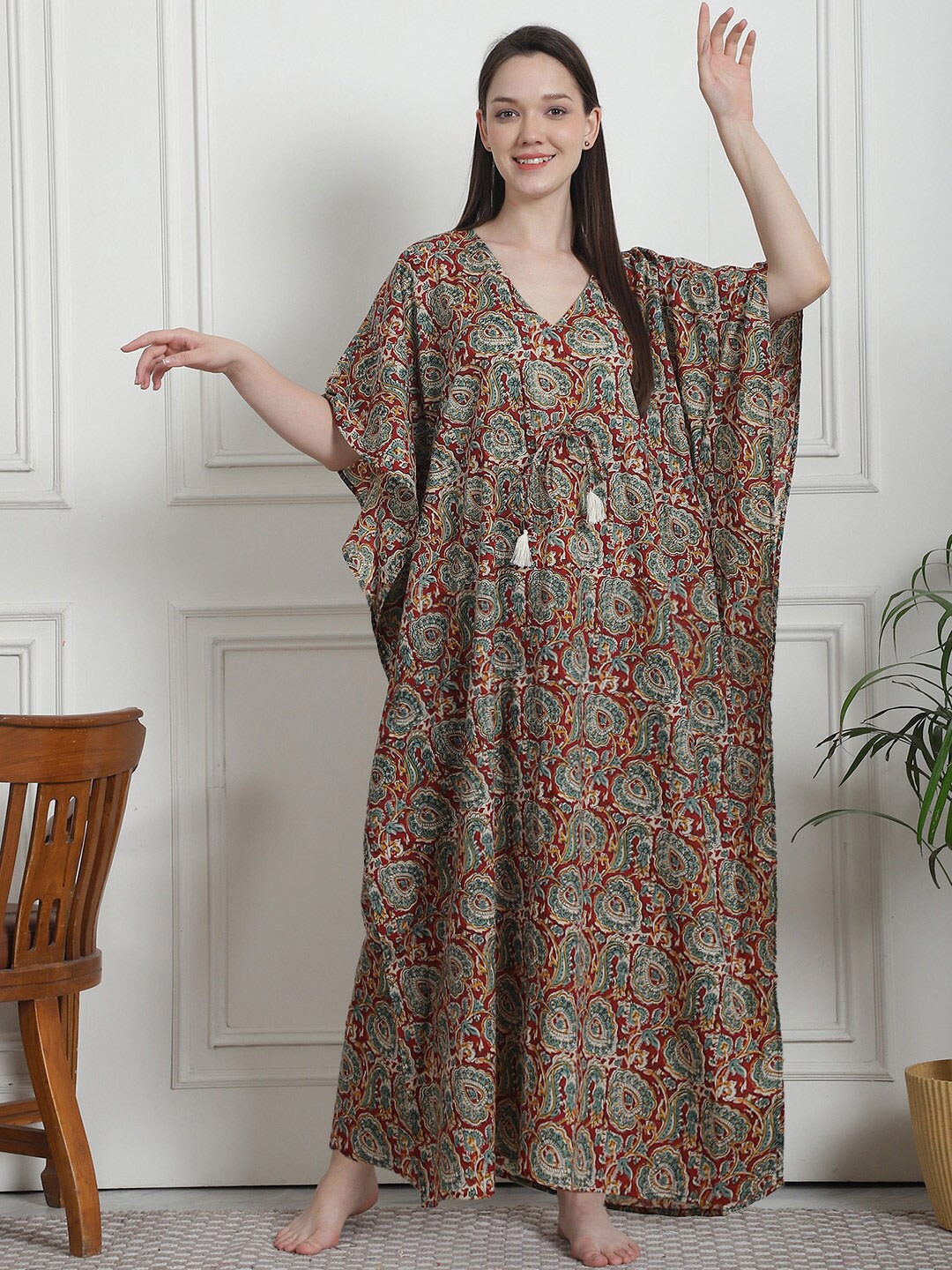

Secret Wish Floral Printed V-Neck Pure Cotton Maxi Kaftan Nightdress, Maroon