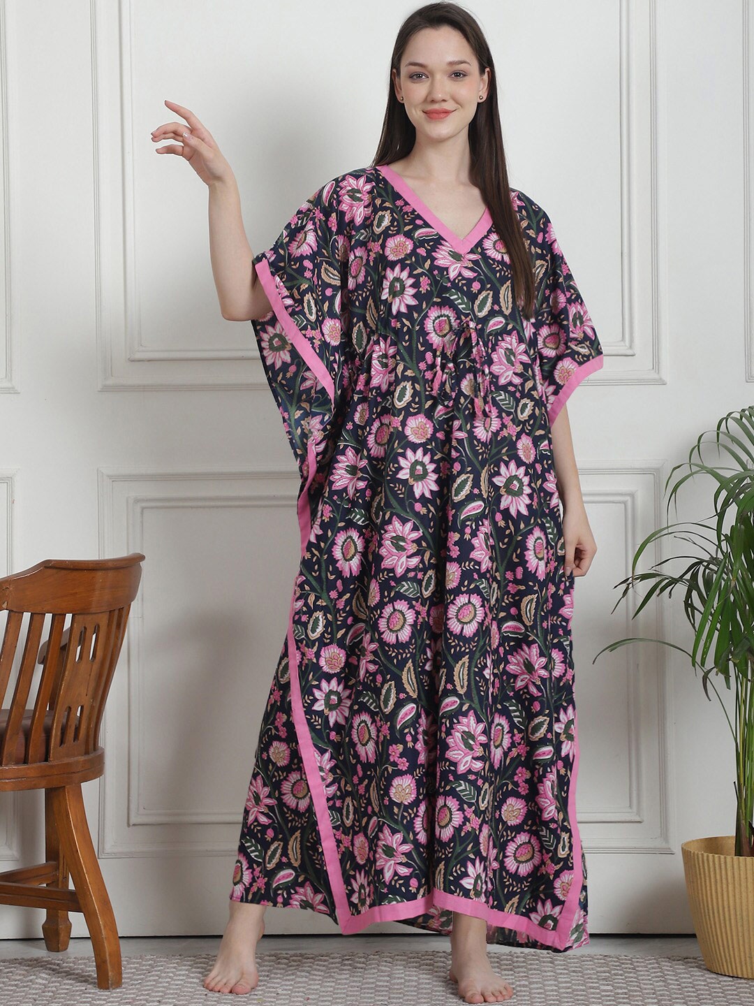 

Secret Wish Floral Printed V-Neck Pure Cotton Maxi Kaftan Nightdress, Navy blue