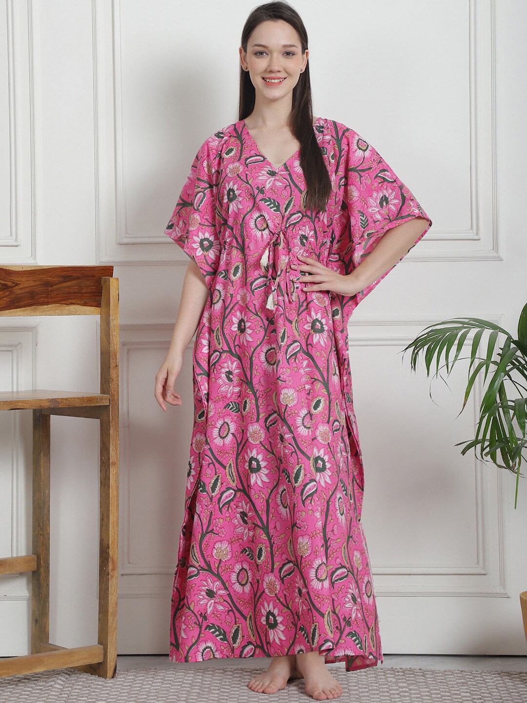 

Secret Wish Printed Maxi Pure Cotton Kaftan Nightdress, Pink