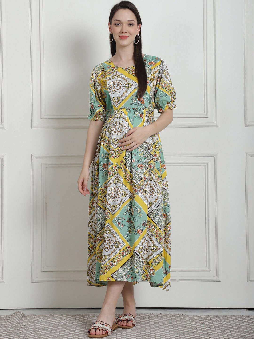 

Secret Wish Geometric Printed Maternity Nightdress, Yellow