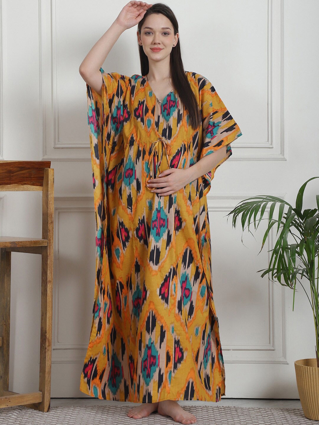 

Secret Wish Abstract Printed V-Neck Pure Cotton Maxi Maternity Kaftan Nightdress, Mustard