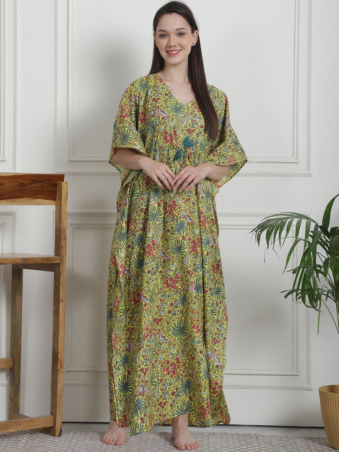 

Secret Wish Printed Maxi Pure Cotton Kaftan Nightdress, Yellow