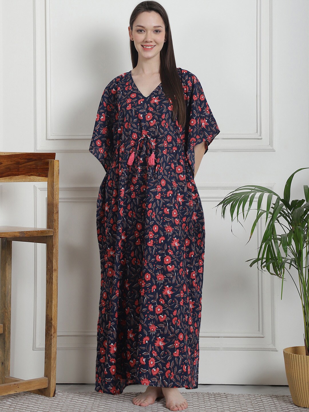 

Secret Wish Floral Printed V-Neck Pure Cotton Maxi Kaftan Nightdress, Navy blue