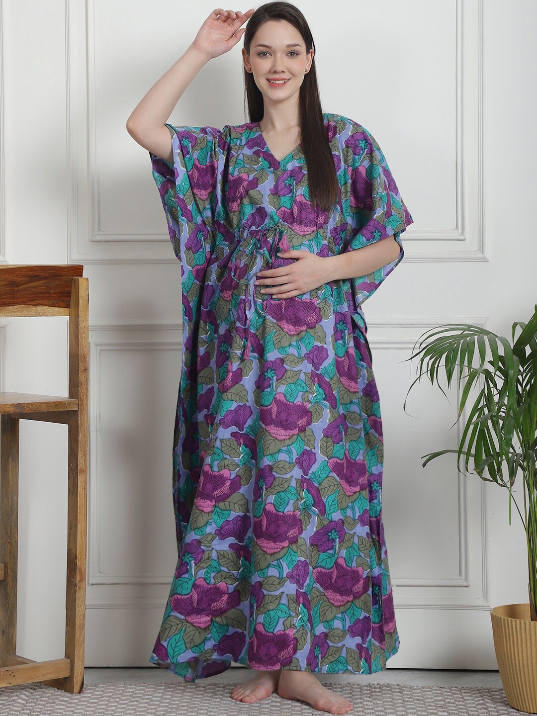 

Secret Wish Printed Pure Cotton Maxi Maternity Kaftan Nightdress, Blue