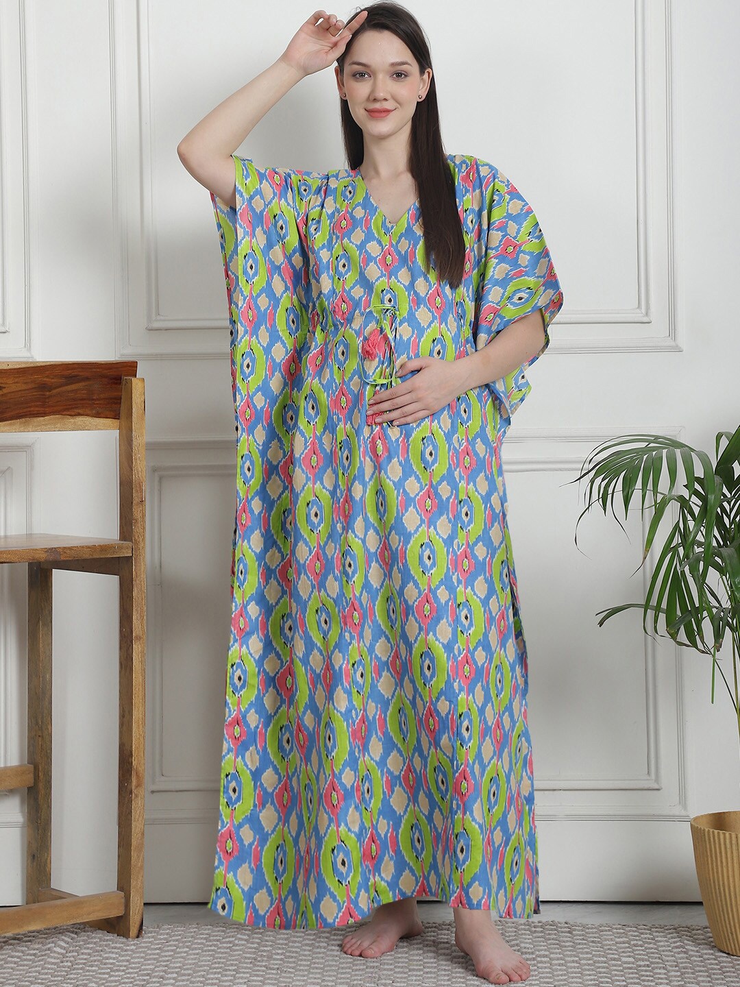 

Secret Wish Printed Pure Cotton Maxi Maternity Kaftan Nightdress, Blue