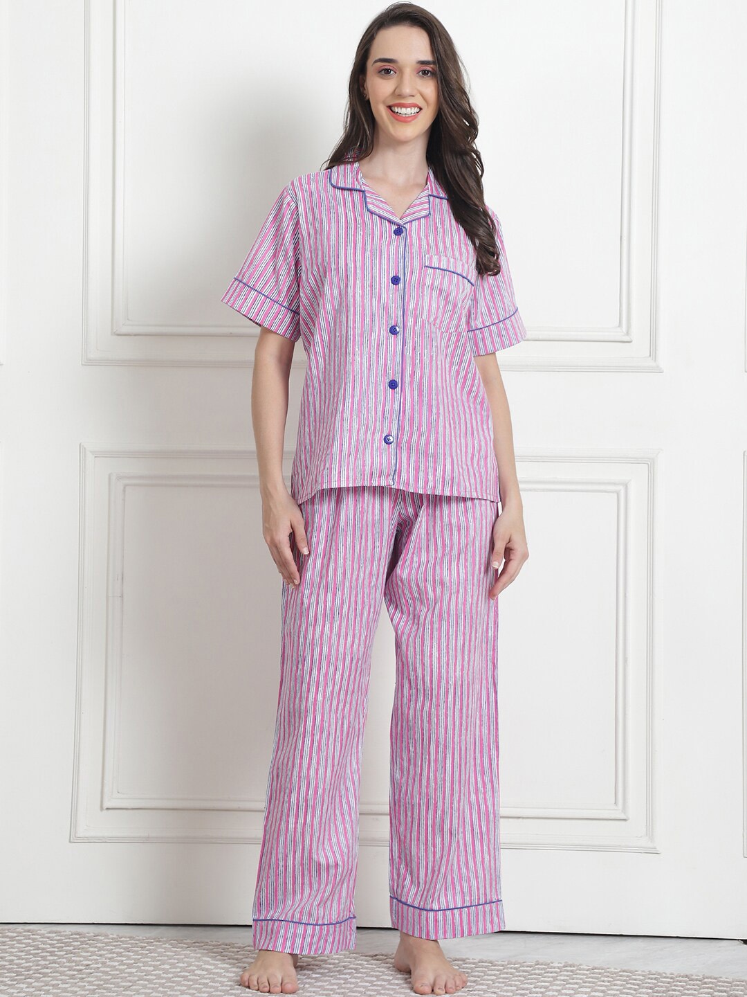 

Secret Wish Striped Lapel Collar Pure Cotton Shirt With Pyjamas, Pink