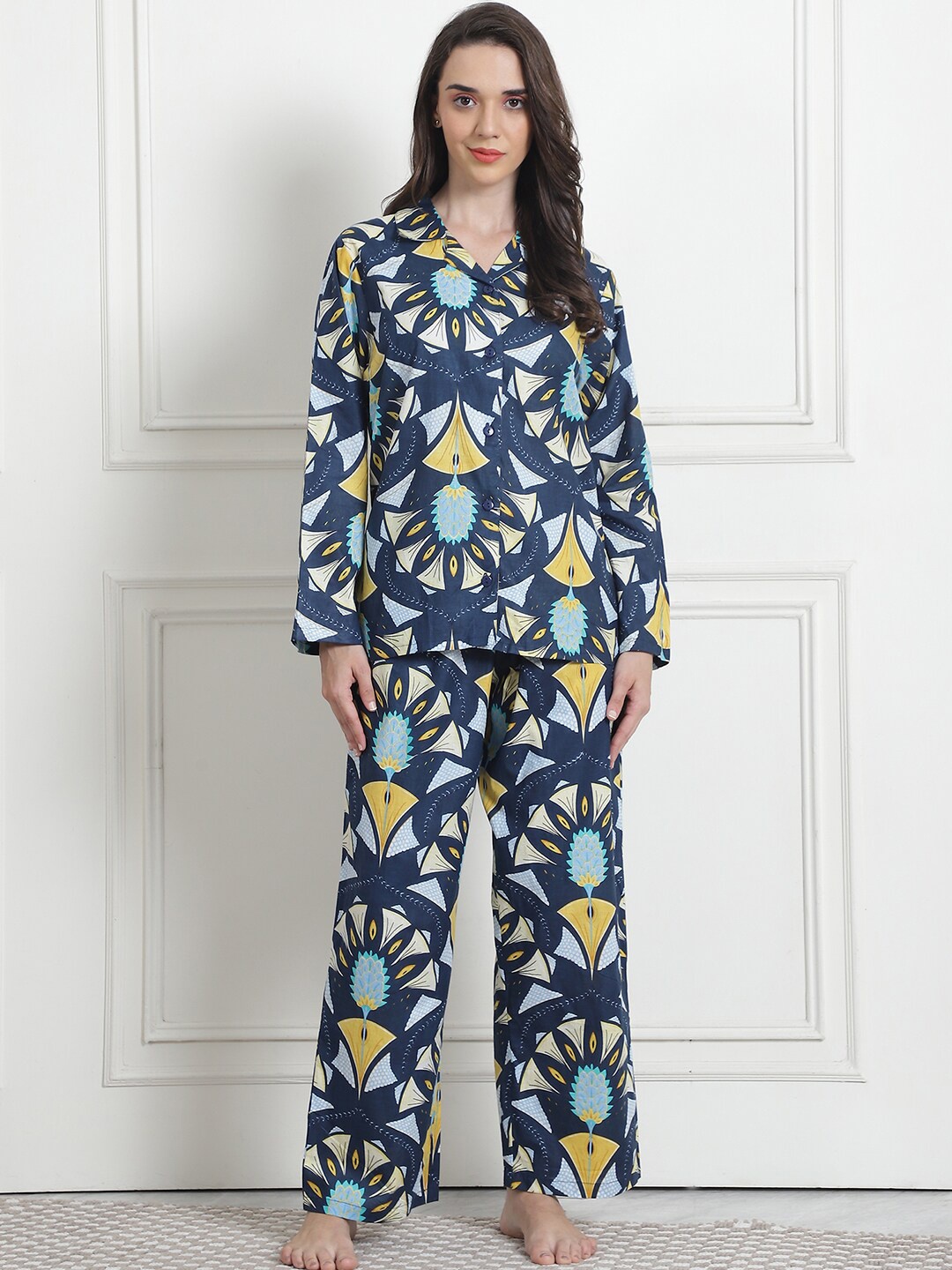 

Secret Wish Graphic Printed Lapel Collar Pure Cotton Shirt With Pyjamas, Blue