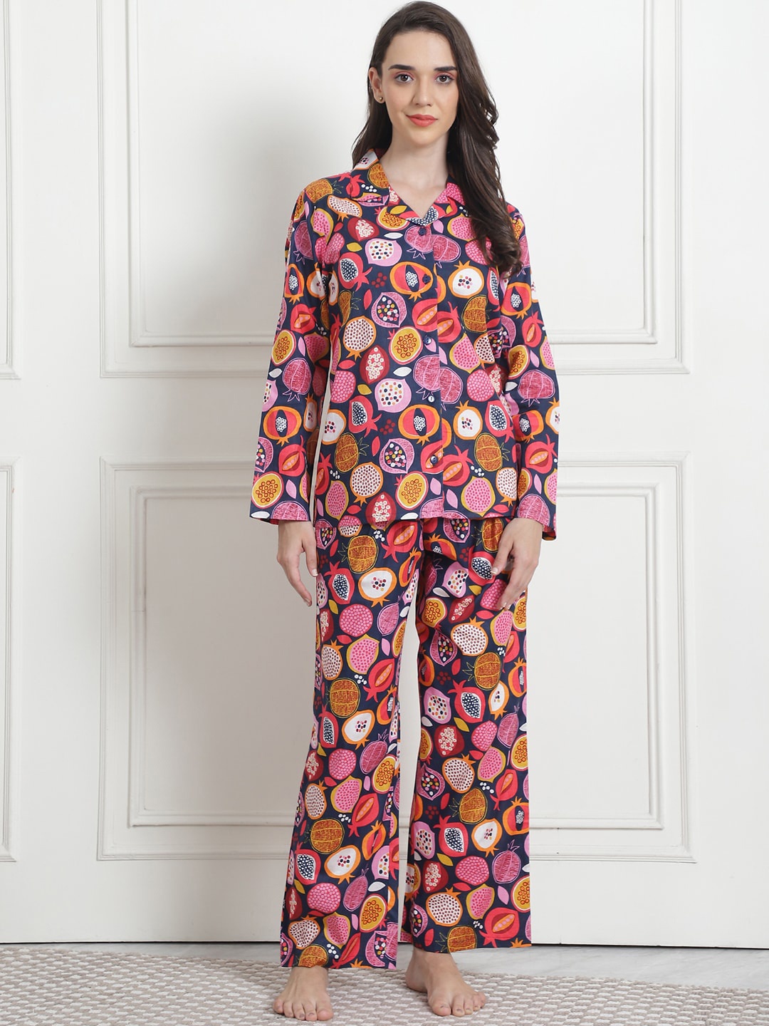 

Secret Wish Graphic Printed Lapel Collar Pure Cotton Shirt With Pyjamas, Blue