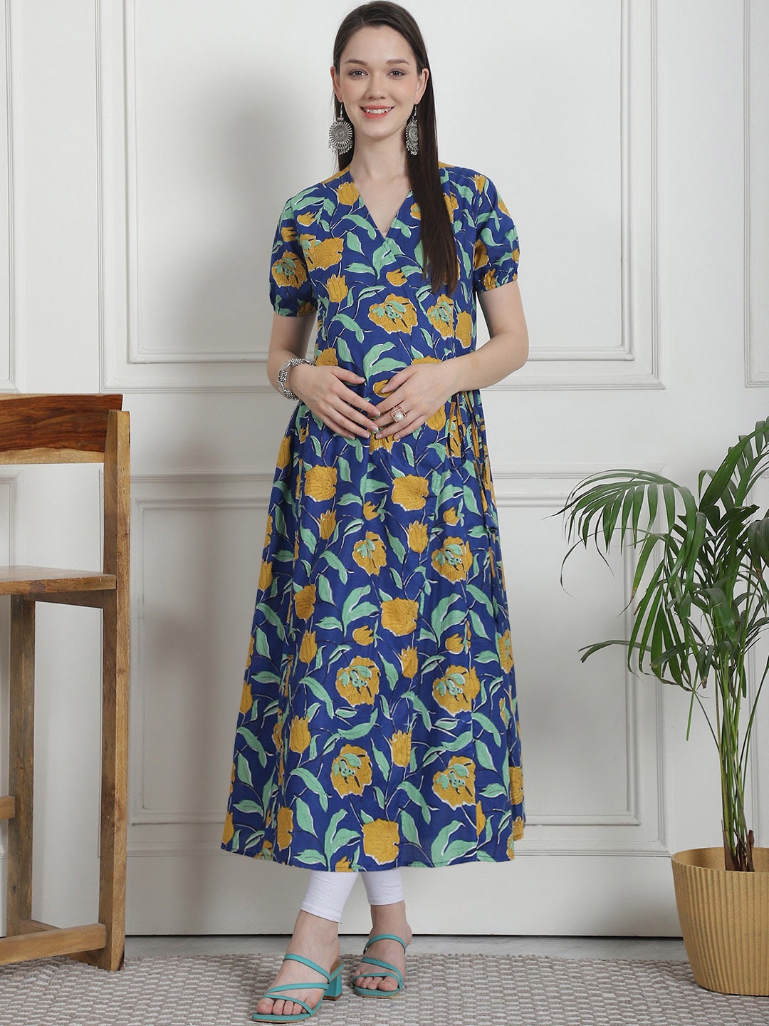 

Secret Wish Floral Printed Cotton Maternity Pleated A-Line Kurta, Blue