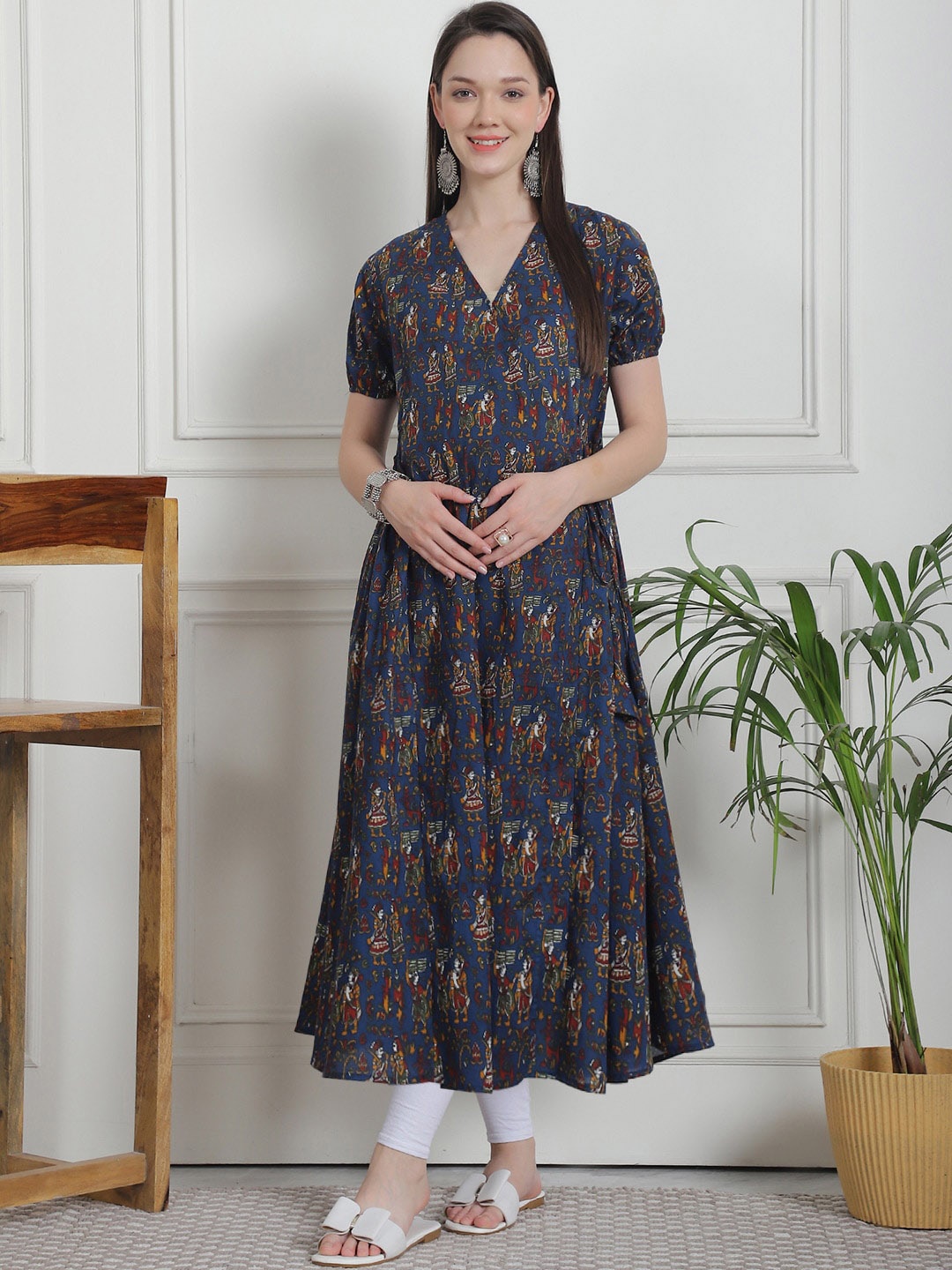 

Secret Wish Floral Printed Cotton Maternity A-Line Kurta, Navy blue