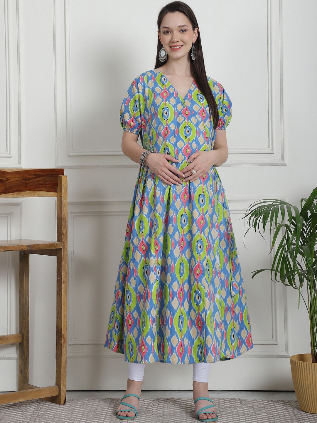 

Secret Wish Ethnic Motifs Printed Pleated Cotton Maternity A-Line Kurta, Green