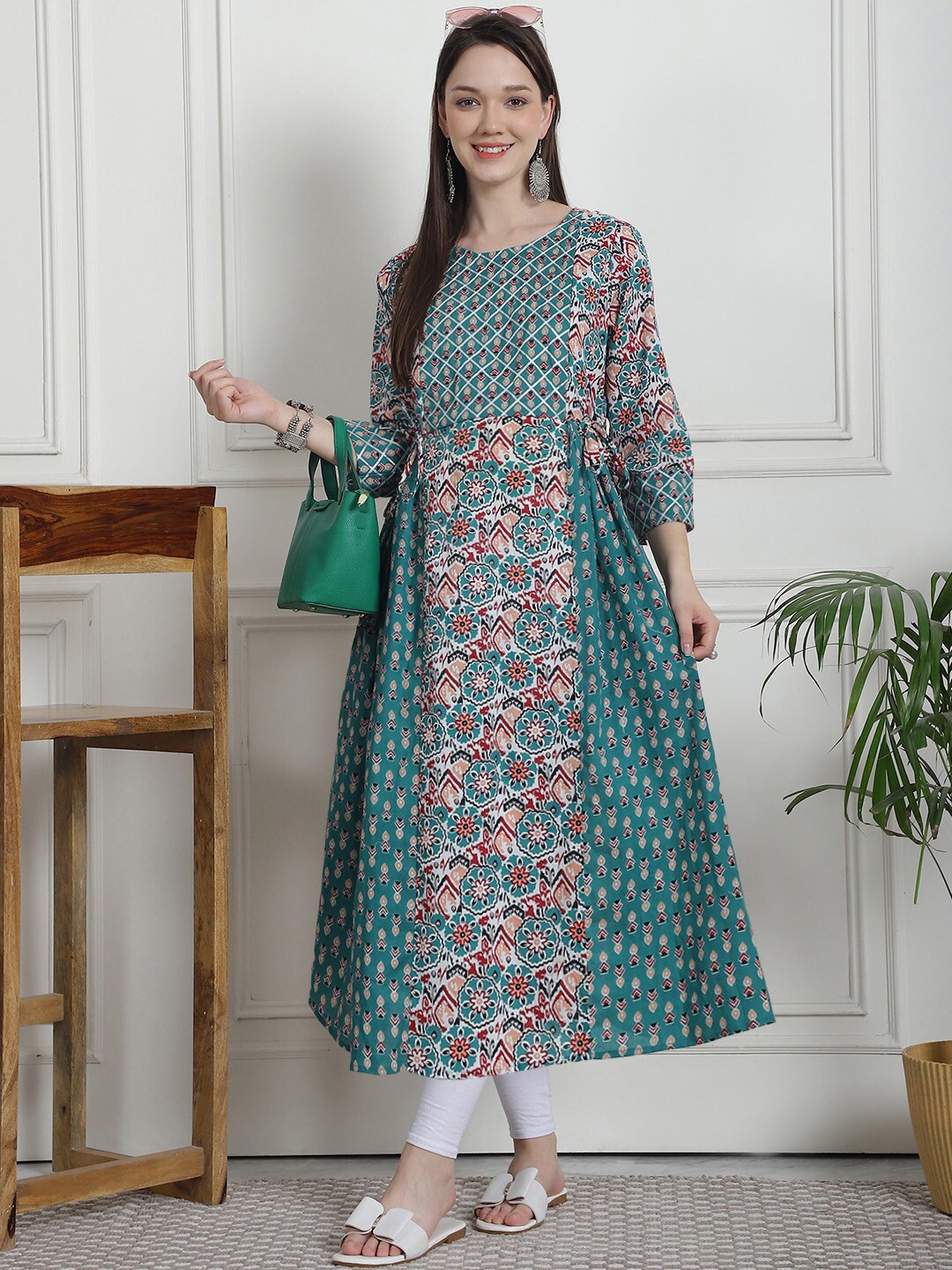 

Secret Wish Floral Printed Gotta Patti Cotton Maternity Panelled A-Line Kurta, Teal