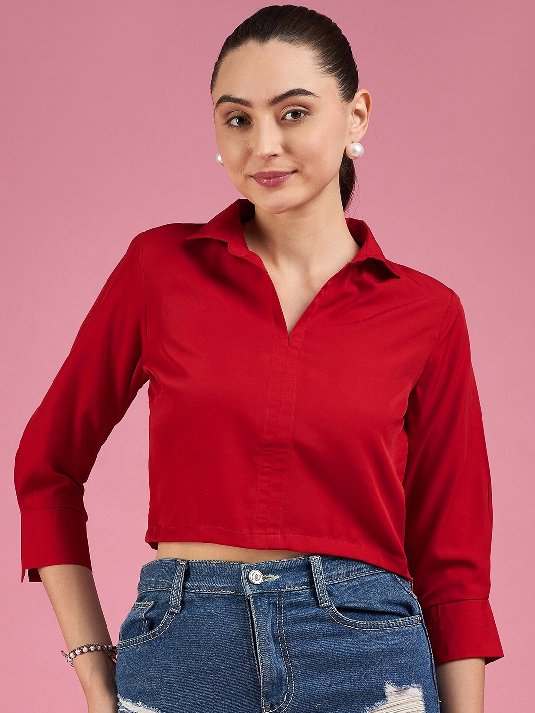 

Deewa Cuban Collar Cuffed Sleeves Shirt Style Crepe Crop Top, Red