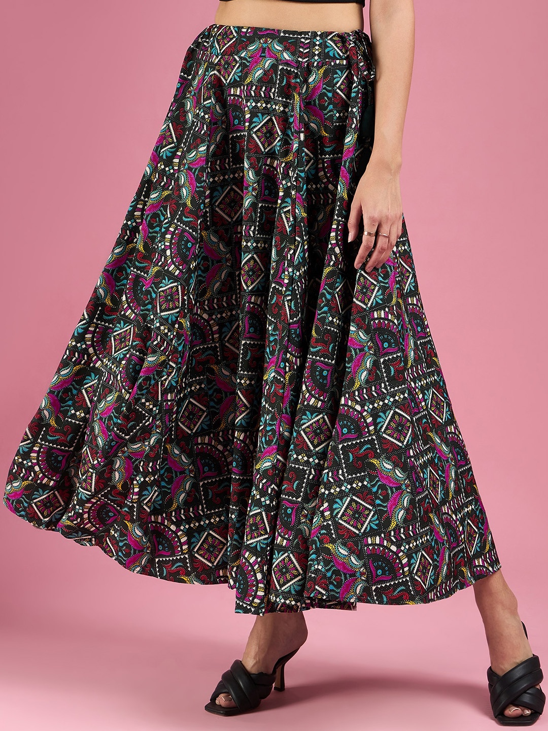 

Deewa Abstract Printed Flared Maxi Skirts, Green