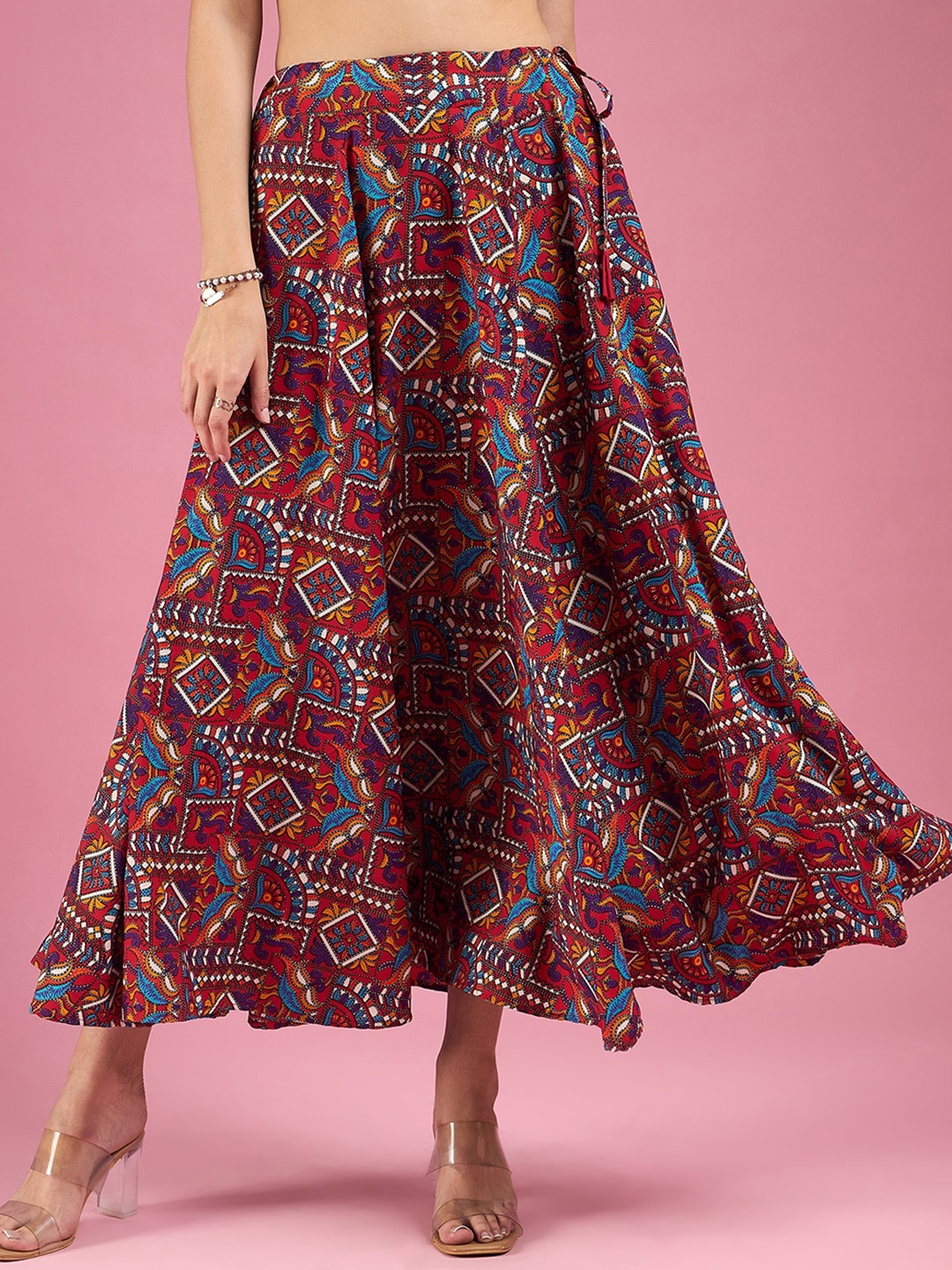 

Deewa Abstract Printed Flared Maxi Skirts, Red