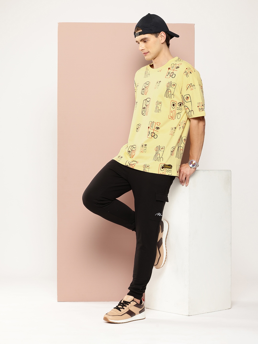 

Stormborn Men Printed Drop-Shoulder Sleeves Oversized Pure Cotton T-shirt, Yellow