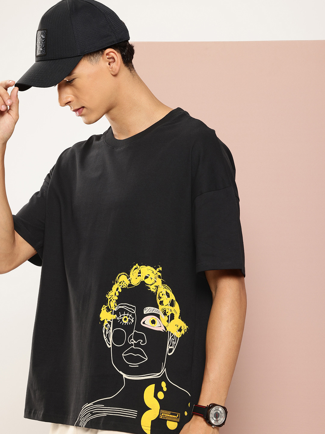 

Stormborn Men Printed Drop-Shoulder Sleeves Oversized Pure Cotton T-shirt, Black