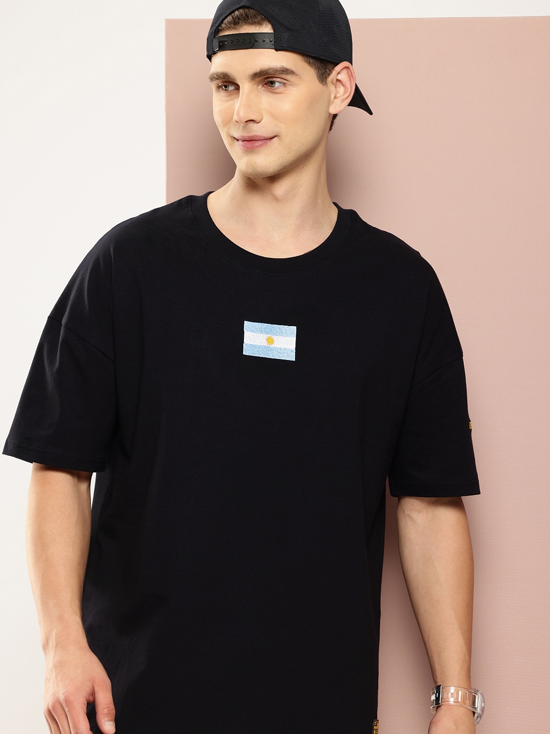 

Stormborn Drop-Shoulder Sleeves Oversized Pure Cotton Applique T-shirt, Black