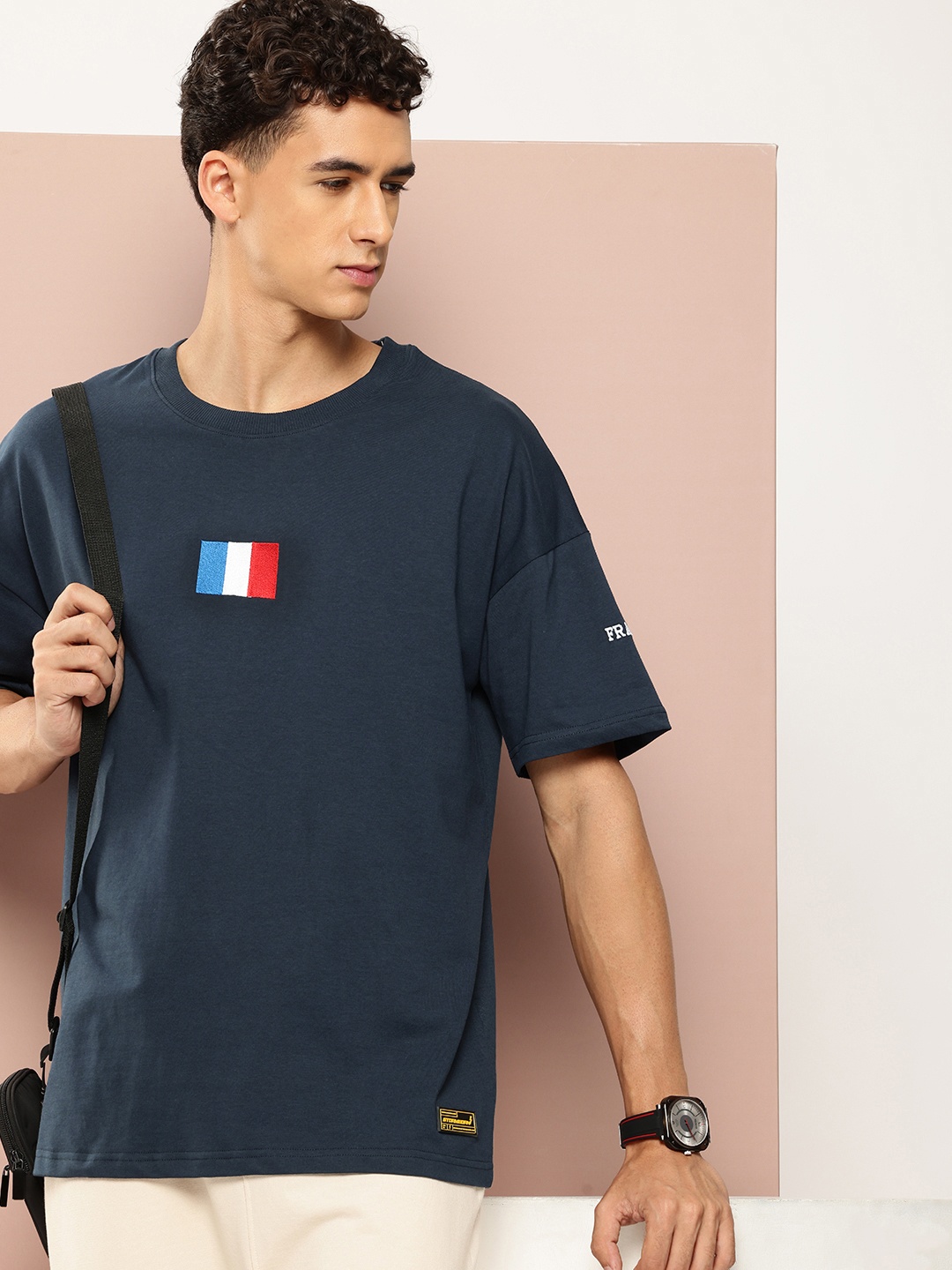 Stormborn Drop-Shoulder Sleeves Oversized Pure Cotton Applique T-shirt, Navy blue