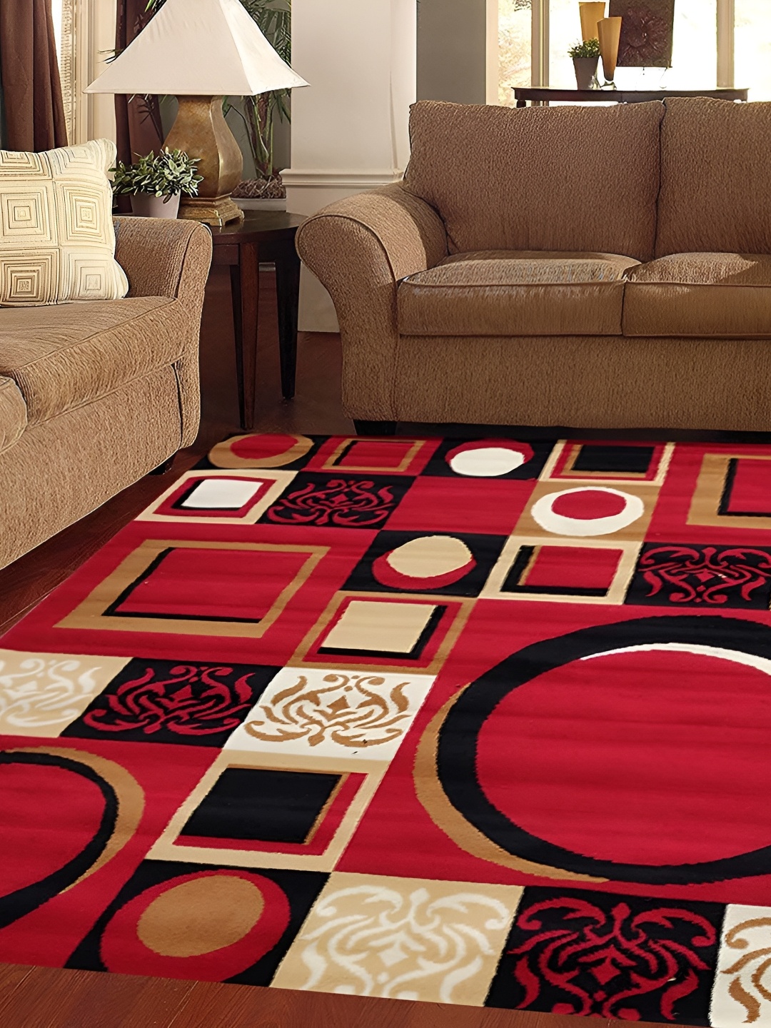 

Safiya Carpet Red & White Geometric Printed Water Resistant Carpet