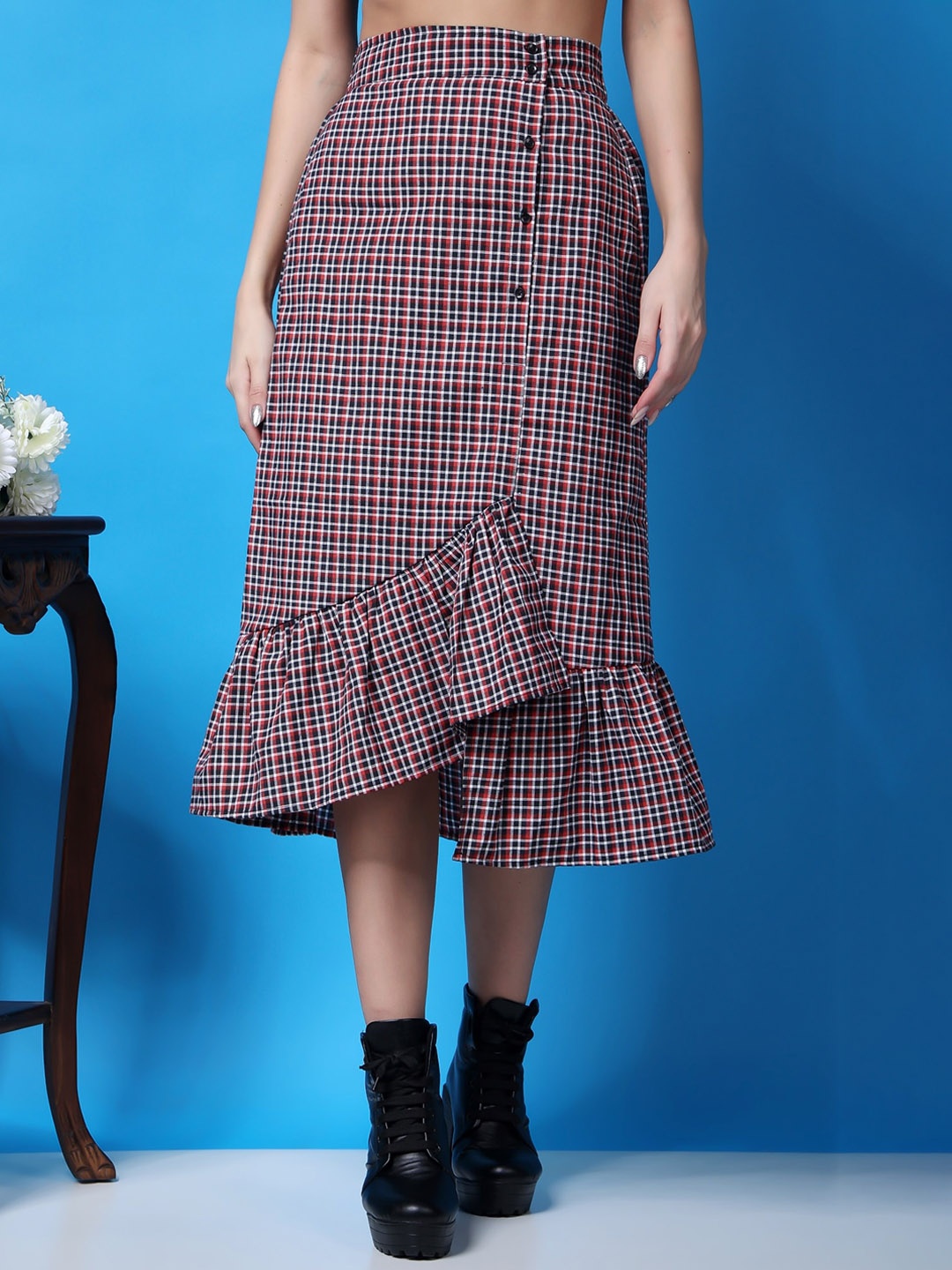 

Popwings Checked Cotton Midi Trumpet Skirt, Red
