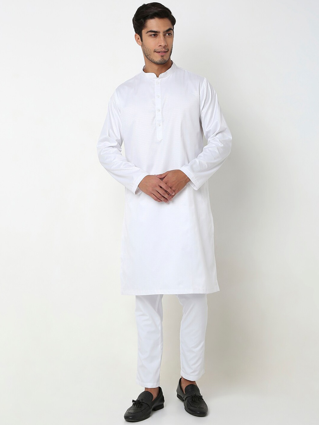 

Ethnicity Mandarin Collar Straight Kurta With Trousers, White