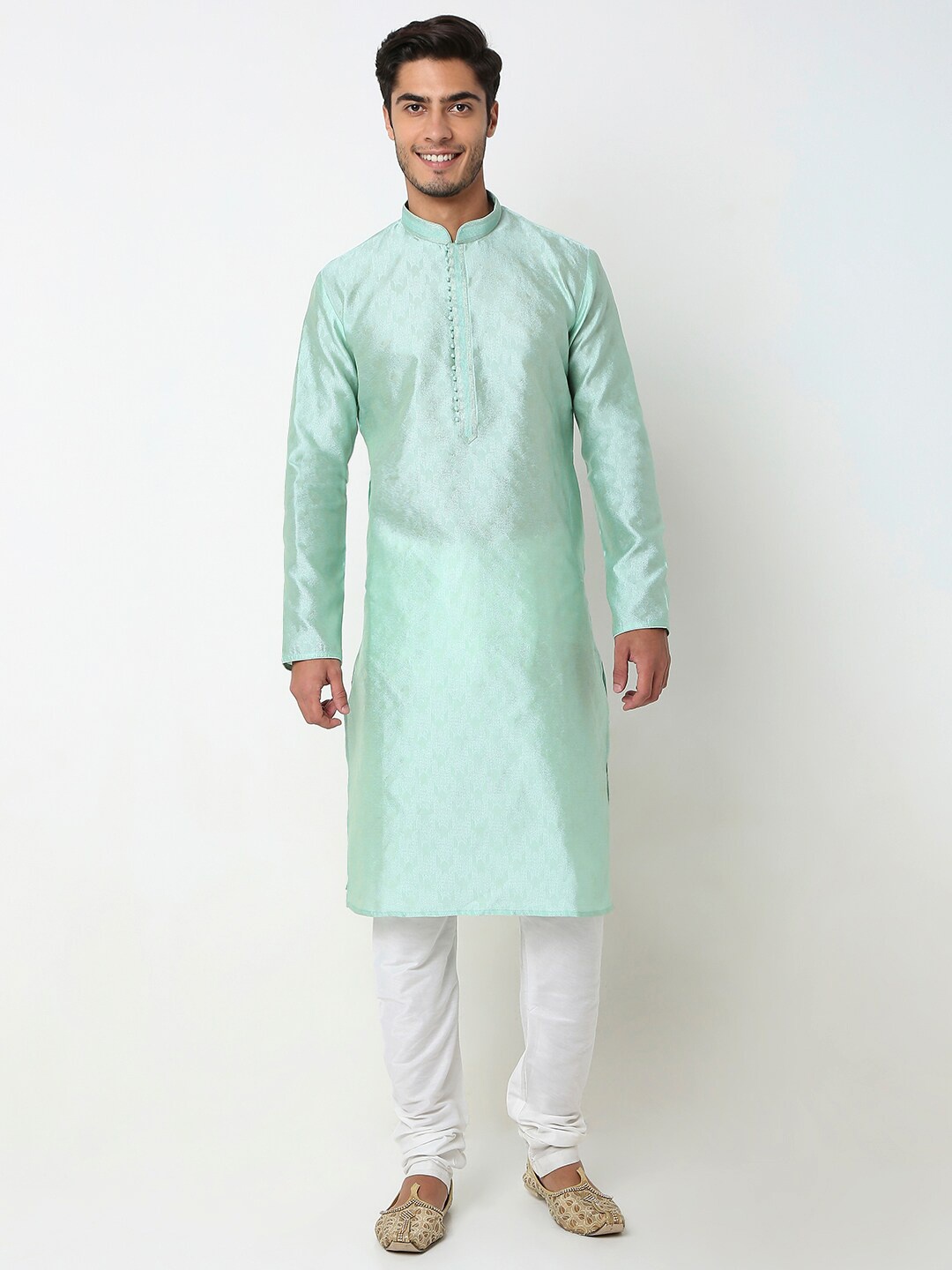 

Ethnicity Floral Embroidered Sequinned Straight Kurta With Churidar, Green
