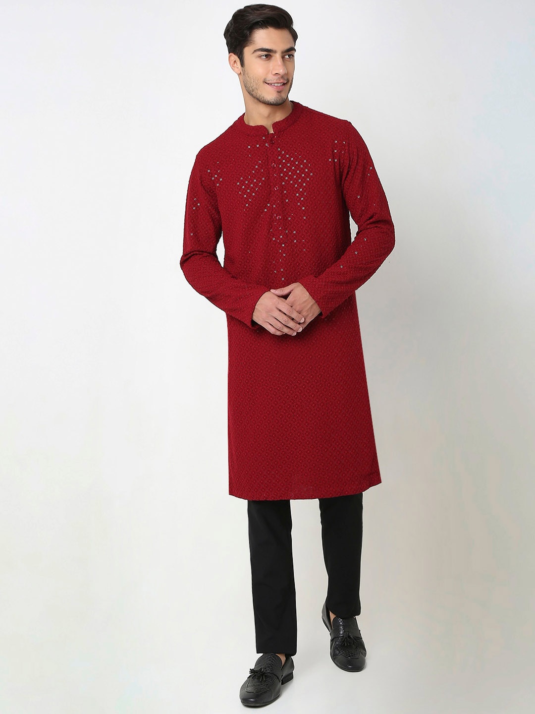 

Ethnicity Geometric Woven Design Mandarin Collar Thread Work Straight Kurta, Red