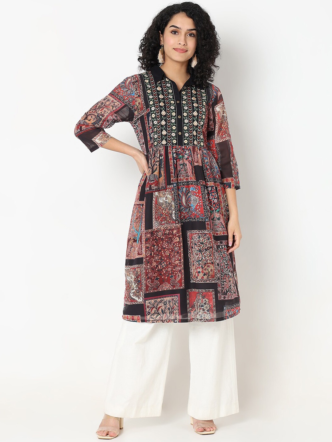 

Ethnicity Geometric Printed Mandarin Collar A-Line Sequinned Kurta, Black