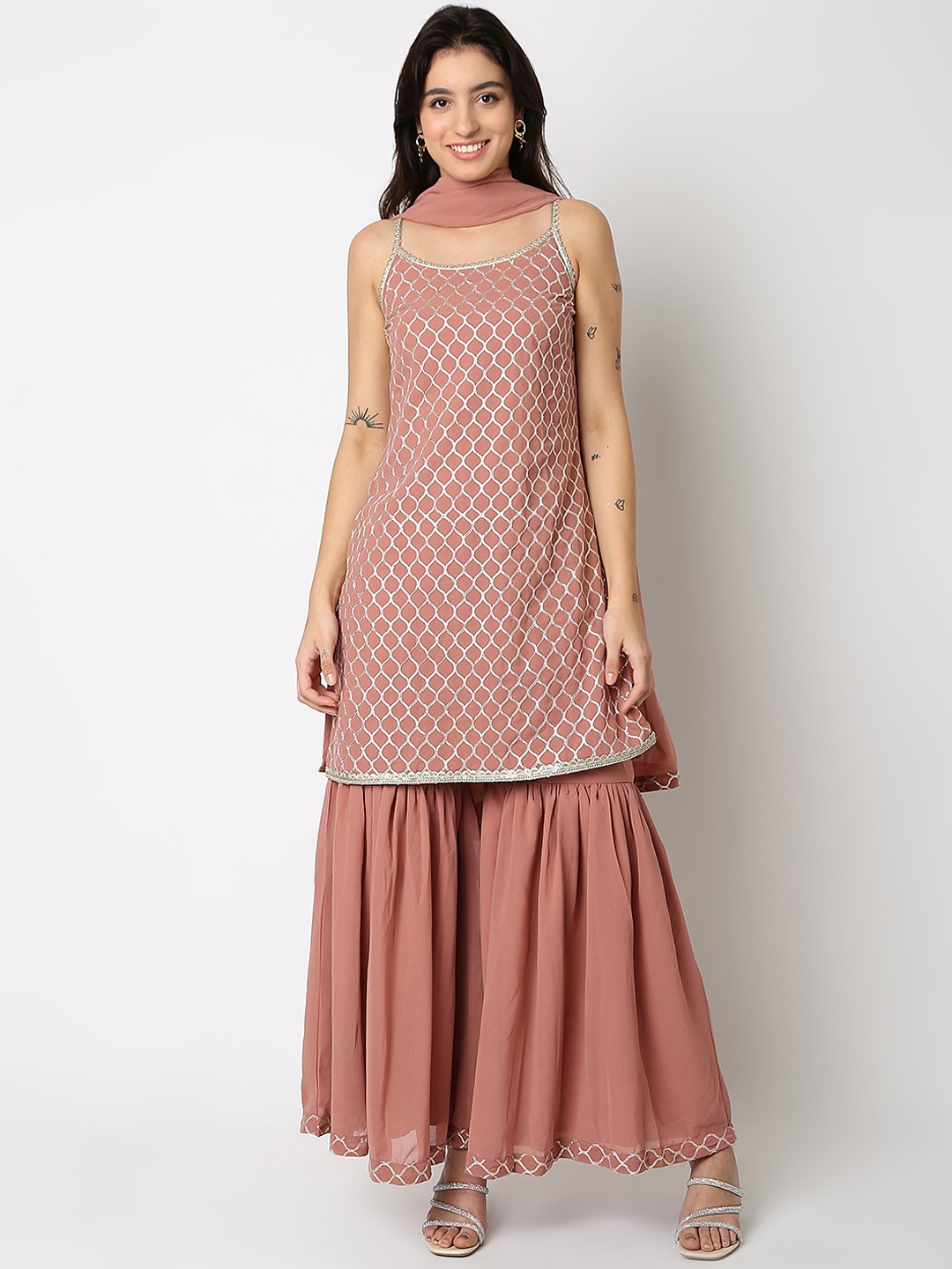 

Ethnicity Geometric Printed Anarkali Kurta With Sharara, Peach
