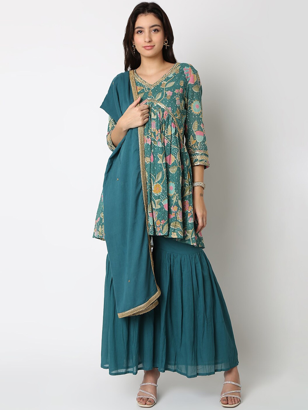 

Ethnicity Floral Embroidered Sequinned Pure Cotton A-Line Kurti With Sharara, Green