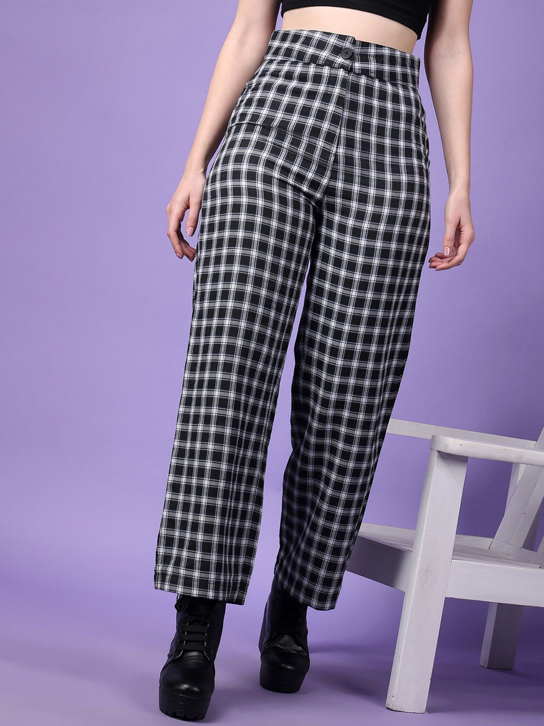 

Popwings Women Checked Smart Straight Fit High-Rise Easy Wash Cotton Chinos Trousers, Black