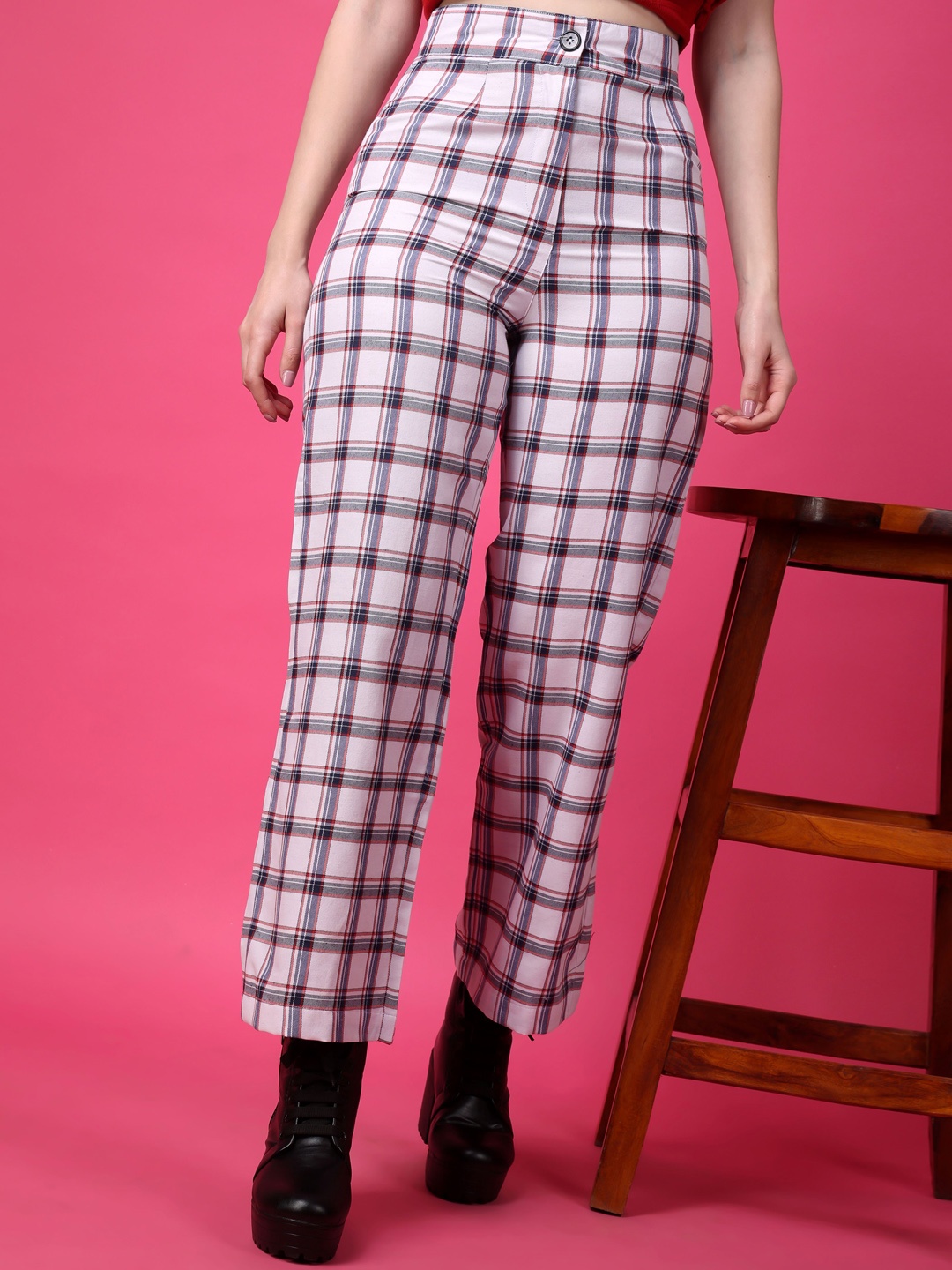 

Popwings Women Checked Smart Straight Fit High-Rise Easy Wash Cotton Trousers, White