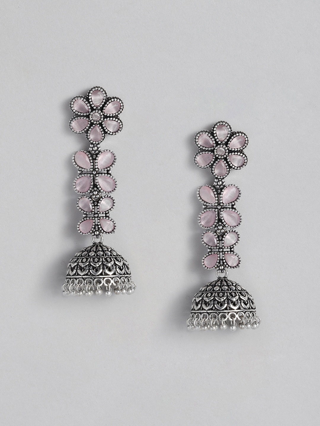 

AITIHYA Silver-Plated Stones-Studded & Beaded Teardrop Shaped Oxidised Jhumkas Earrings