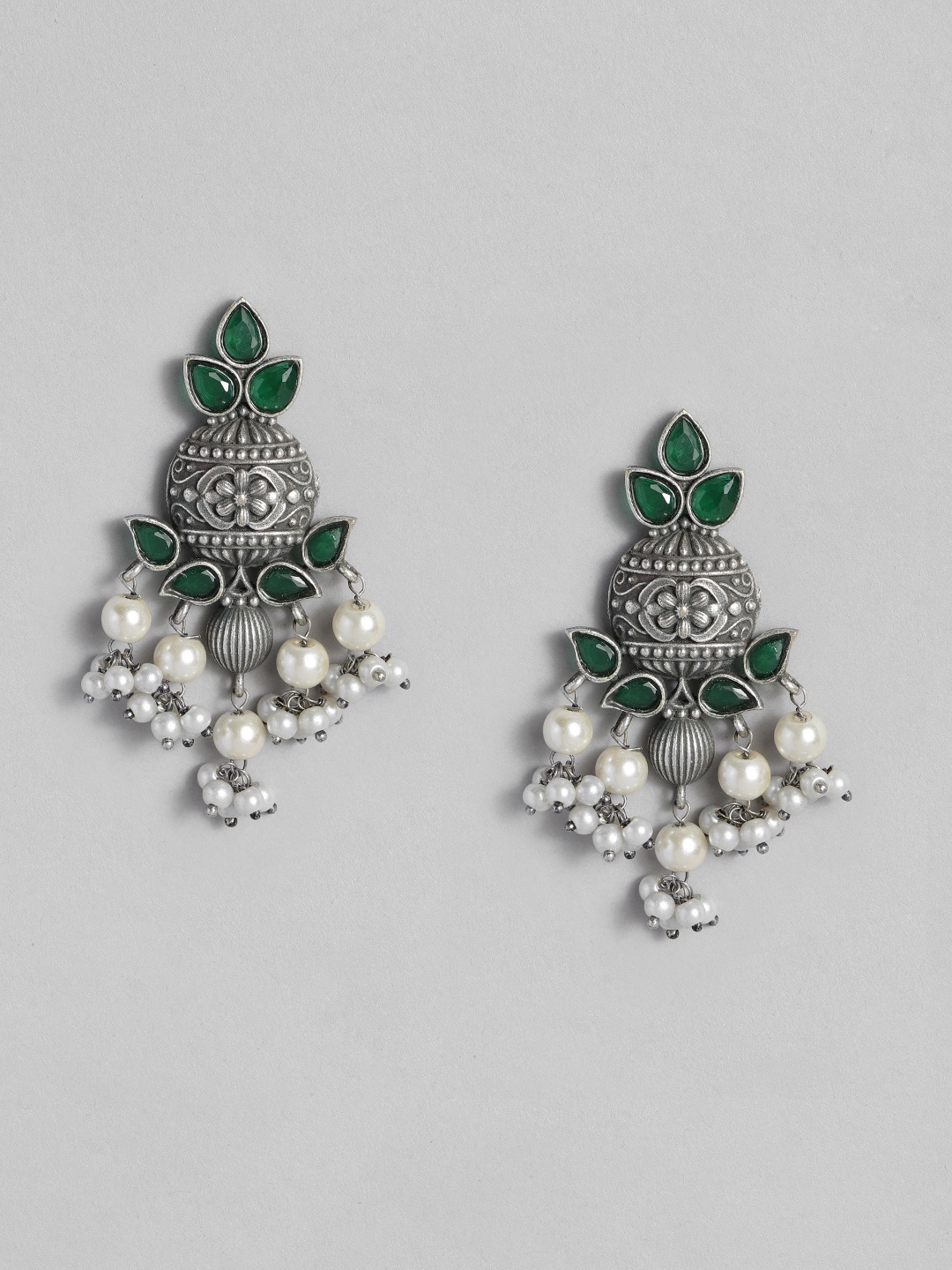 

AITIHYA Silver-Plated Stones-Studded & Beaded Teardrop Shaped Drop Earrings