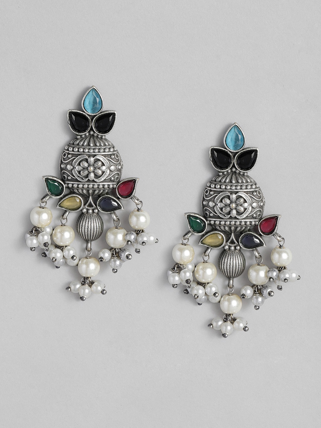 

AITIHYA Silver-Plated Stones-Studded & Beaded Teardrop Shaped Drop Earrings, Multi