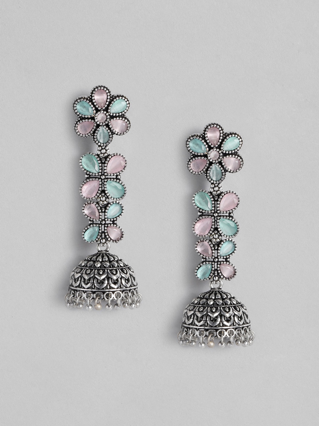 

AITIHYA Silver-Plated Stones-Studded & Beaded Teardrop Shaped Oxidised Jhumkas Earrings, Multi