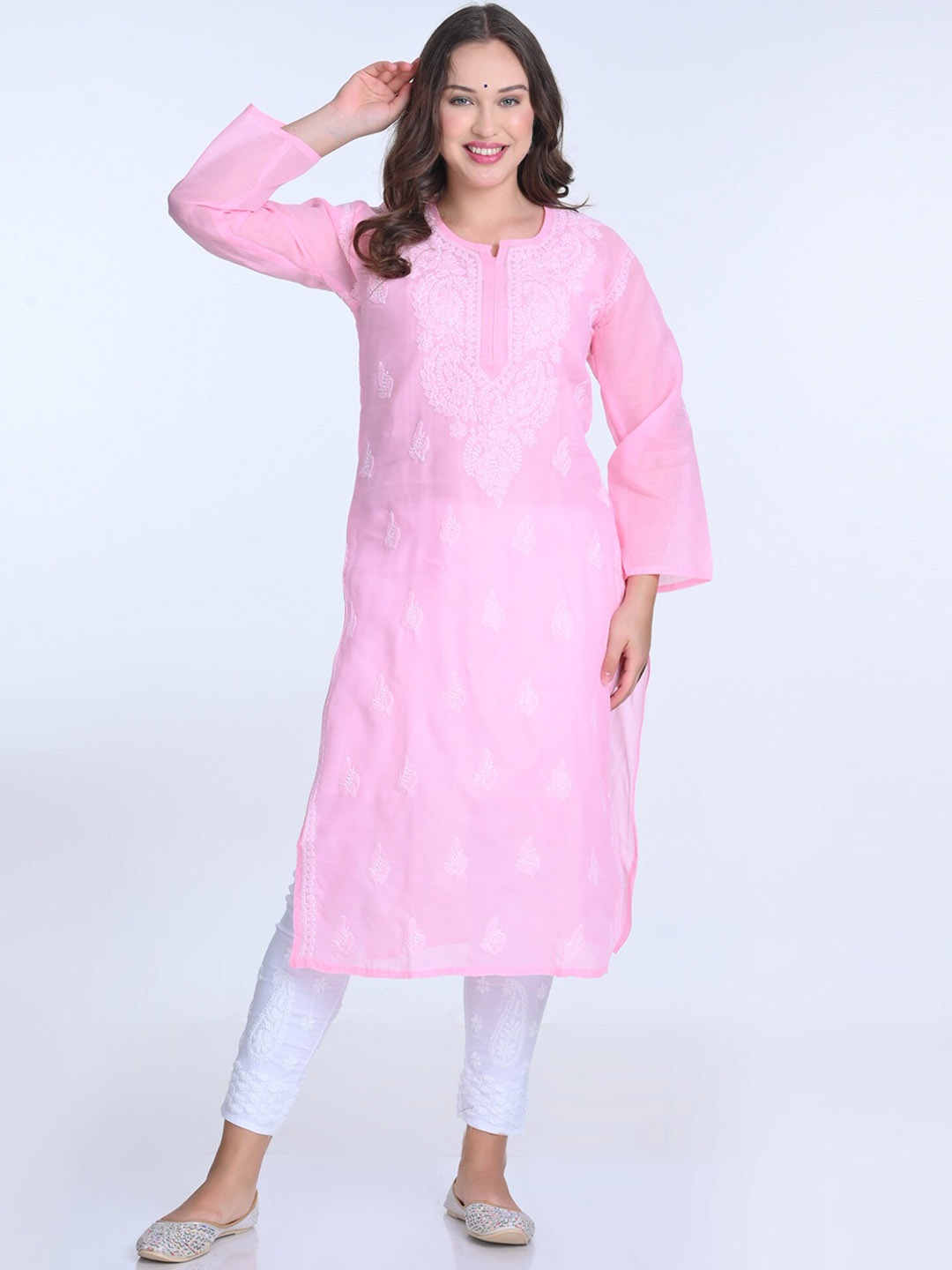 

KHAKA Women Ethnic Motifs Embroidered Regular Chikankari Kurta with Trousers, Pink