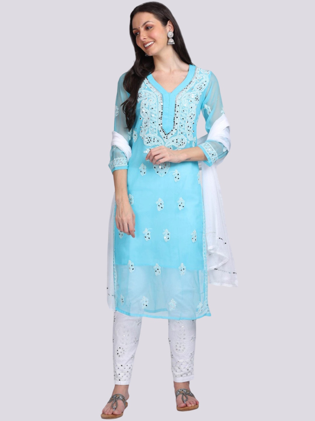 

KHAKA Ethnic Motifs Embroidered V-Neck Georgette Mirror Work Straight Kurta Set, Blue