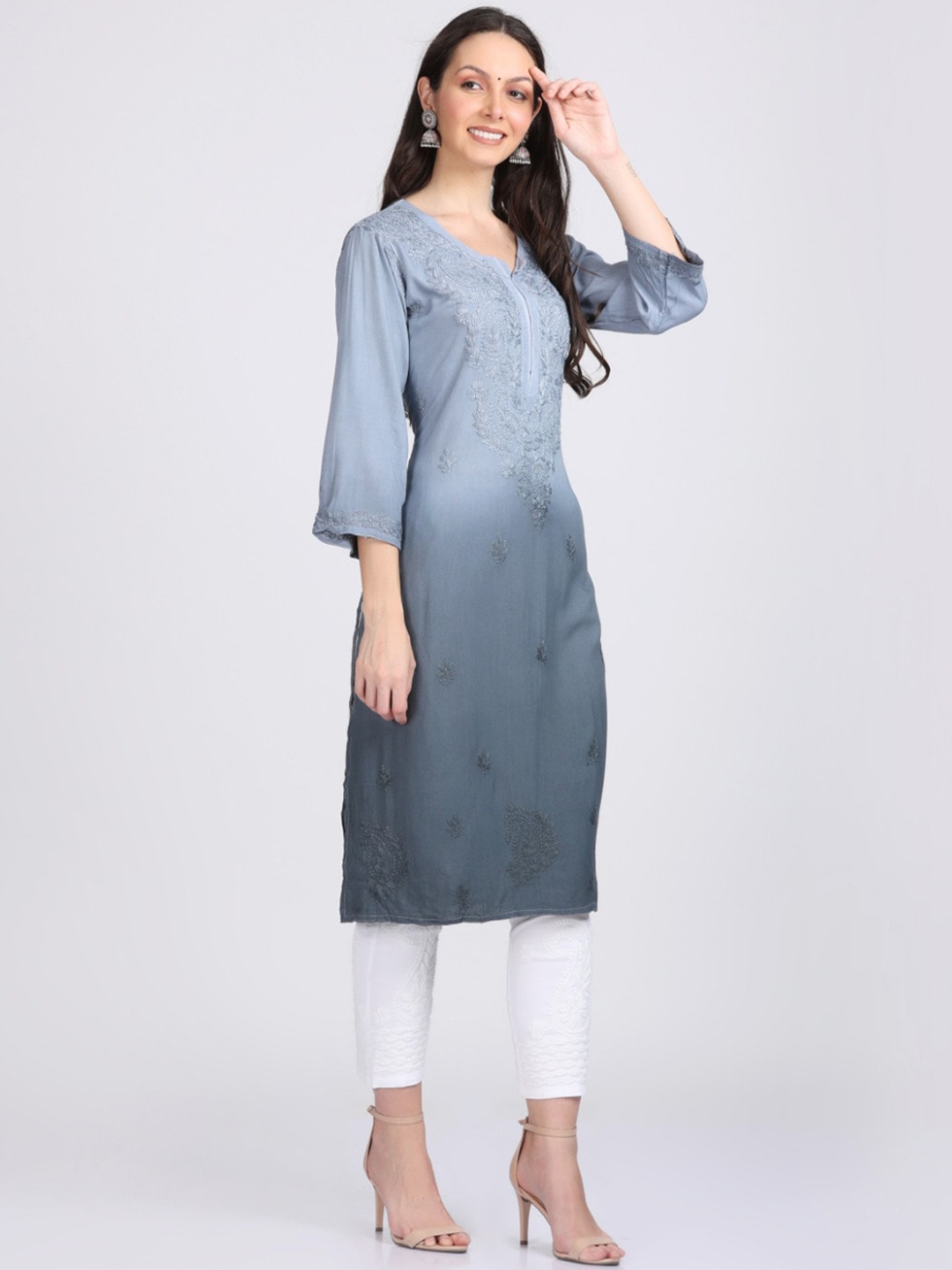 

KHAKA Ethnic Motifs Embroidered V-Neck Chikankari Straight Kurta With Trouser, Grey