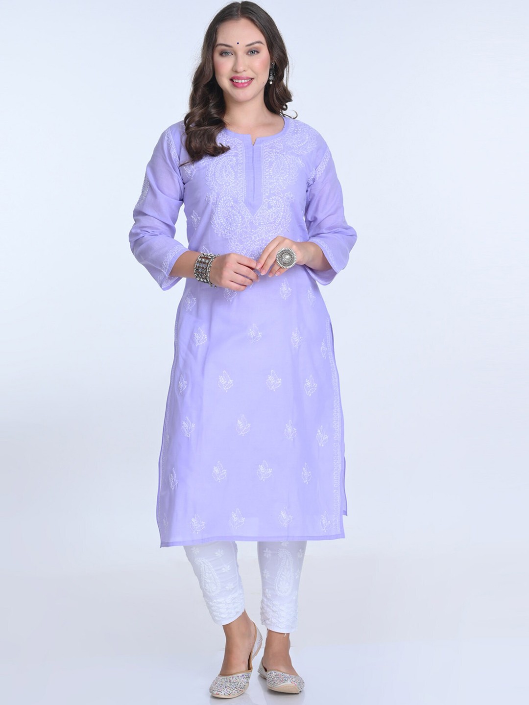 

KHAKA Women Embroidered Regular Chikankari Kurta with Trousers, Lavender
