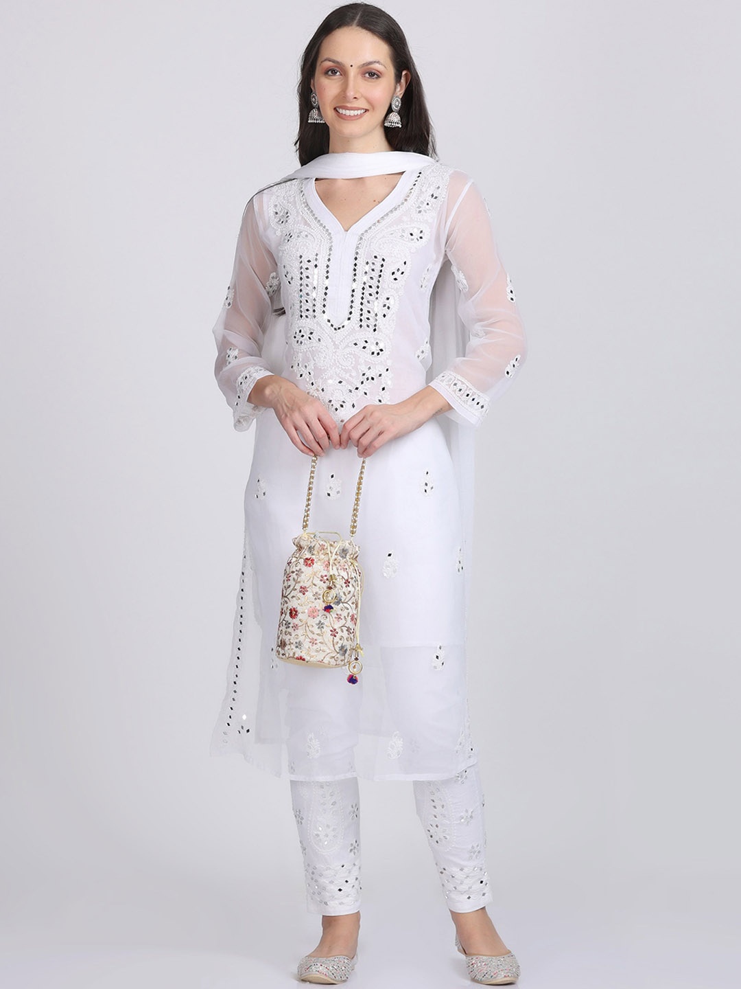 

KHAKA Ethnic Motifs Embroidered Regular Chikankari Straight Kurta with Trousers & Dupatta, White